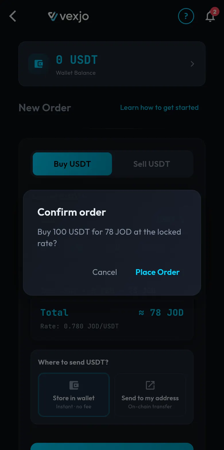 Vexjo app Confirm order box: Buy 100 USDT for 78 JOD at the locked rate? with Cancel and Place Order buttons