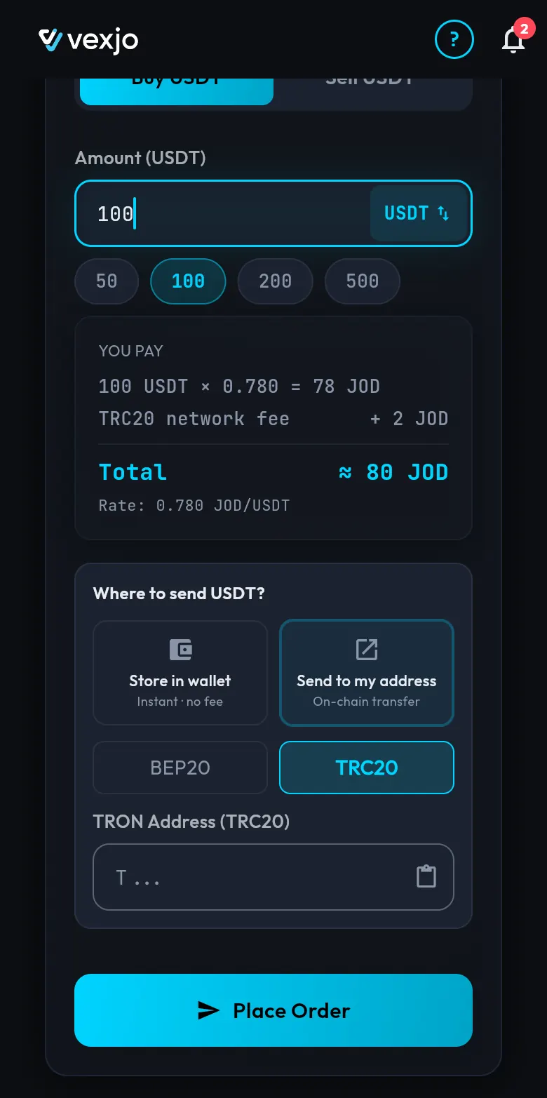 Vexjo app with Send to my address and TRC20 selected: the quote adds a TRC20 network fee of 2 JOD, Total about 80 JOD, and below it a TRON address box with a paste button