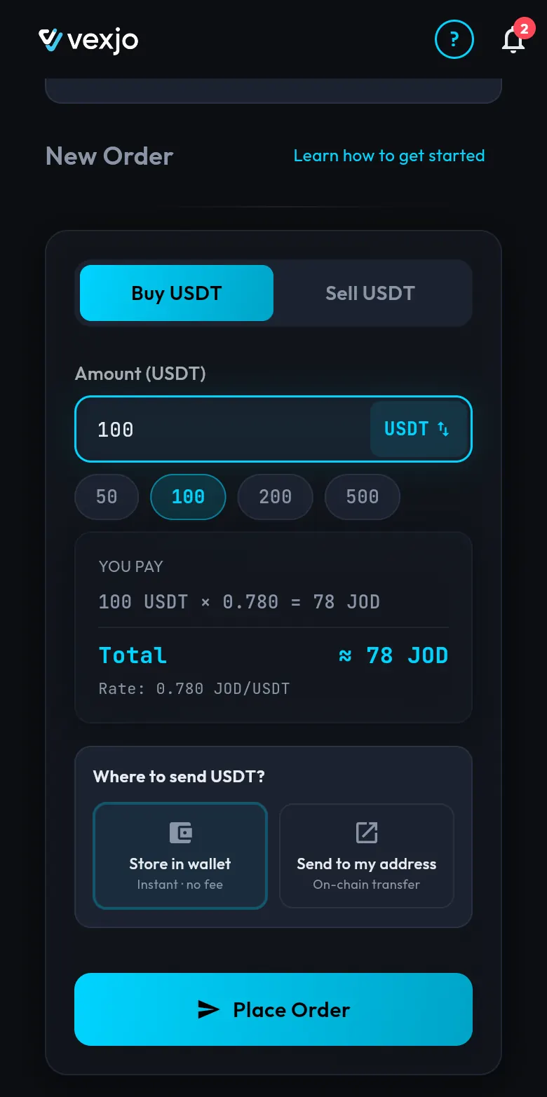 Enter the amount: you see the total in dinars before you order.