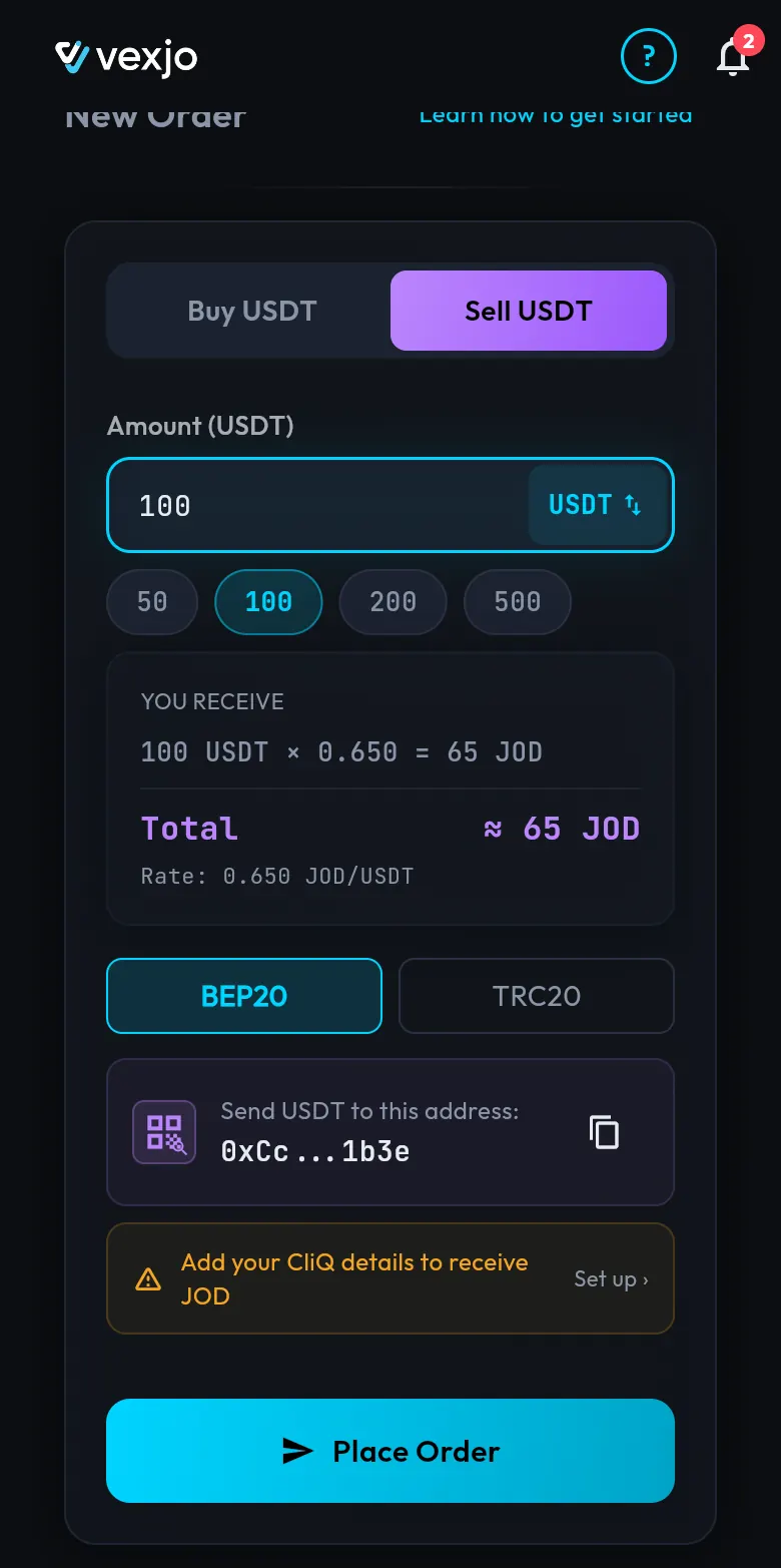 Vexjo app, Sell USDT tab: 100 USDT entered, with the quote 100 USDT × 0.650 = 65 JOD, a total of about 65 JOD and the rate 0.650 JOD/USDT